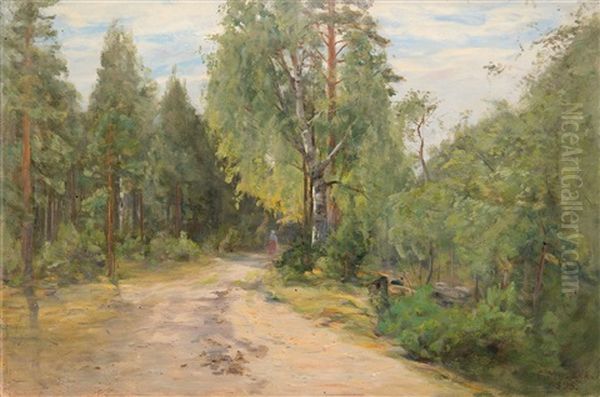 Lady On A Forest Path Oil Painting by Elias Muukka