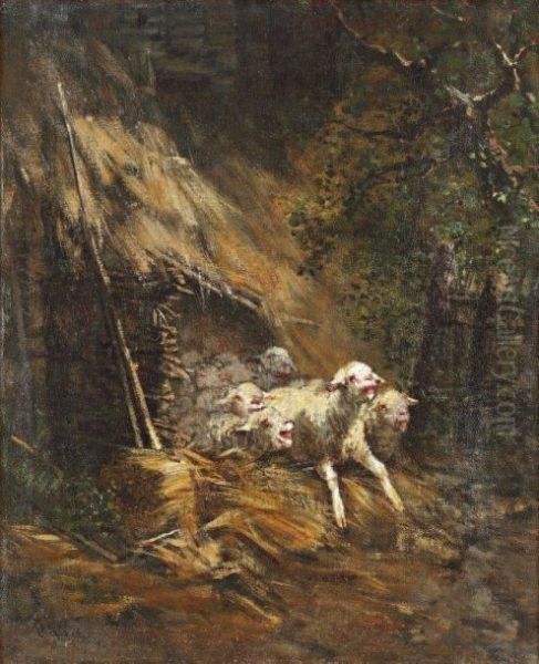 Moutons Effrayes Par L'orage Oil Painting by Victor-Jean-Baptiste-Barthelemy Binet