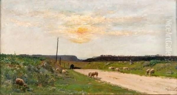 Troupeau Et Caleche Sur Le Chemin Oil Painting by Victor-Jean-Baptiste-Barthelemy Binet