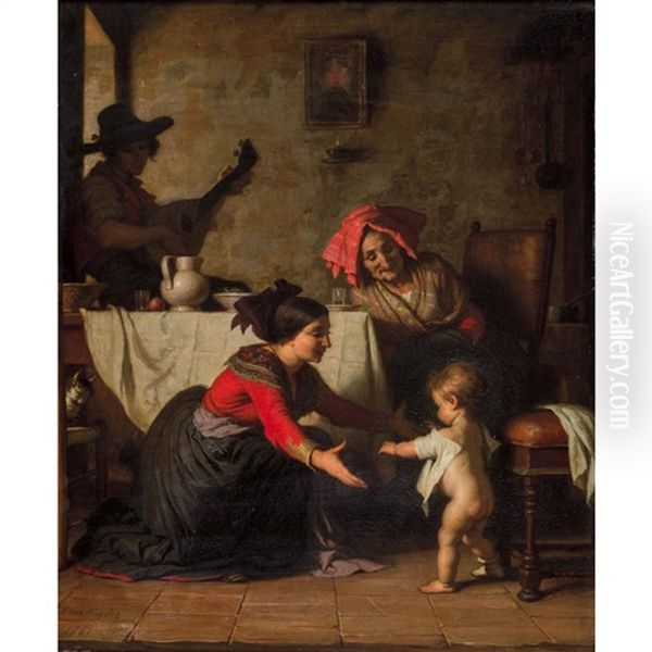 Les Premiers Pas Oil Painting by Alfred van (Jacques) Muyden