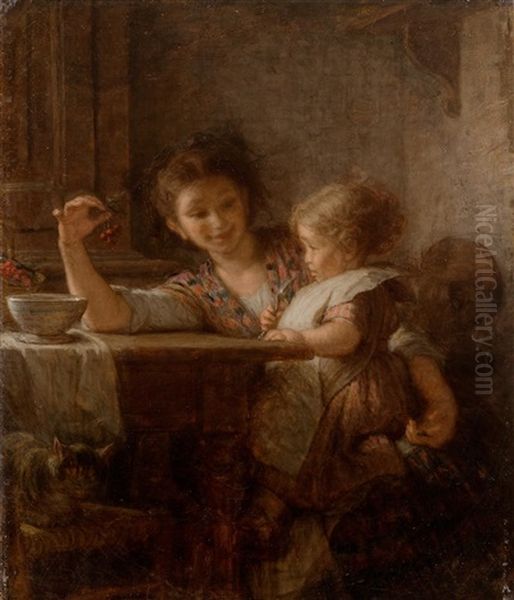 Jeune Femme Et Enfant S'appretant A Manger Des Cerises Oil Painting by Alfred van (Jacques) Muyden