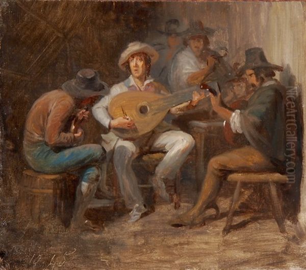 Drei Romische Musikanten In Einer Taverne Oil Painting by Alfred van (Jacques) Muyden