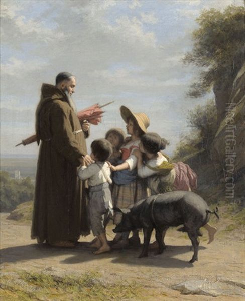 Ein Franziskanermonch Begegnet Kindern Oil Painting by Alfred van (Jacques) Muyden