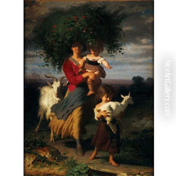 A Mother And Her Children Return From The Fields Oil Painting by Alfred van (Jacques) Muyden