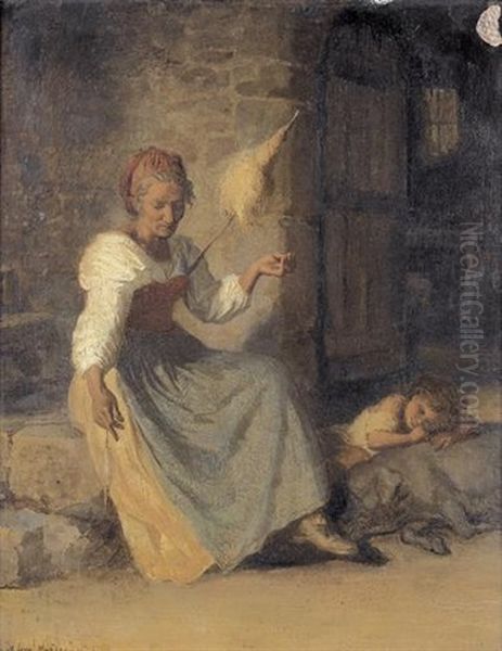 Interieur Mit Einer Spinnerin Und Schlafendem Kind Oil Painting by Alfred van (Jacques) Muyden