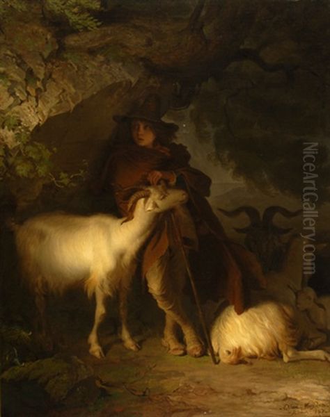 Berger Italien Et Son Troupeau De Moutons Oil Painting by Alfred van (Jacques) Muyden