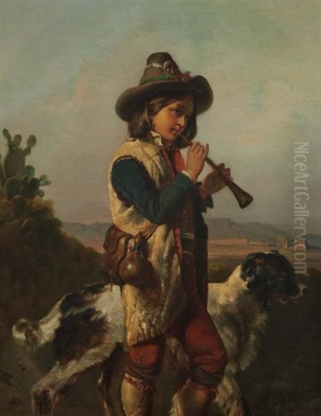 Flotenspielender Schafer Mit Seinem Hund In Einer Landschaft Oil Painting by Alfred van (Jacques) Muyden