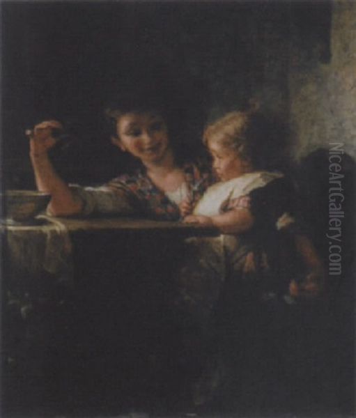 Mutter Mit Kind Am Mittagstisch Oil Painting by Alfred van (Jacques) Muyden