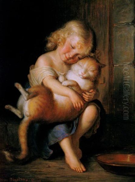 Fillette Au Chat Oil Painting by Alfred van (Jacques) Muyden