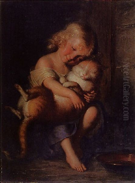 Kleines Madchen Mit Katze Oil Painting by Alfred van (Jacques) Muyden