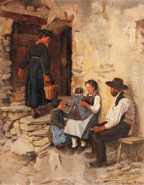 Bauernfamilie Vor Einem Haus In Savieze Oil Painting by Henri Van Muyden