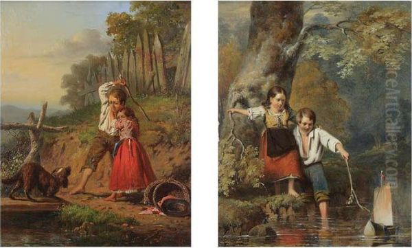 Twee Kindjes Spelend Met Bootje Aan De Rivier Oil Painting by Valentin Bing