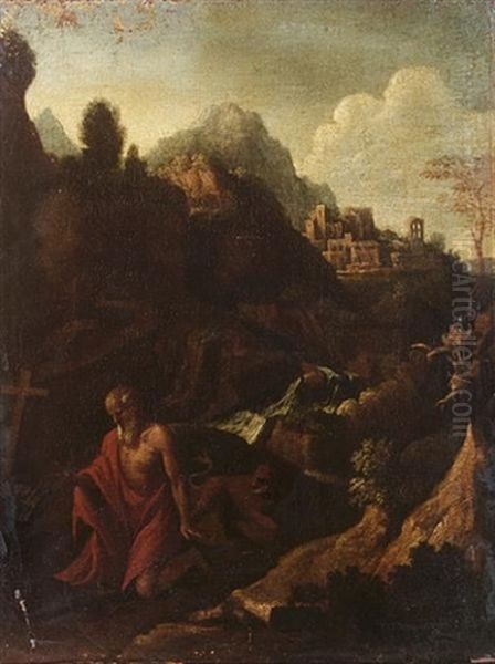 Saint Jerome In An Extensive Landscape, A Hilltop Village In The Distance Oil Painting by Girolamo Muziano