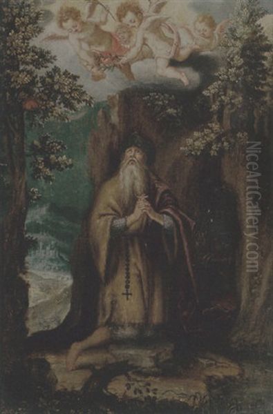 A Hermit Saint Attended By Angels Oil Painting by Girolamo Muziano