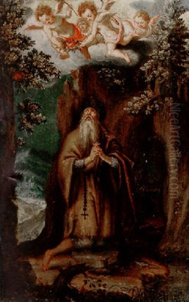 A Hermit Saint Attended By Angels Oil Painting by Girolamo Muziano