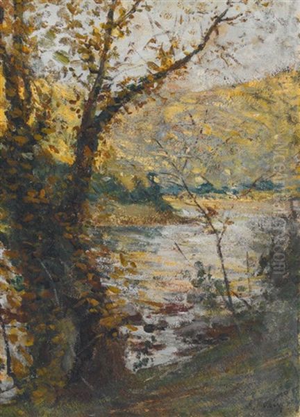 Herbstliche Uferpartie Mit Baumen Oil Painting by Alfonso Muzij