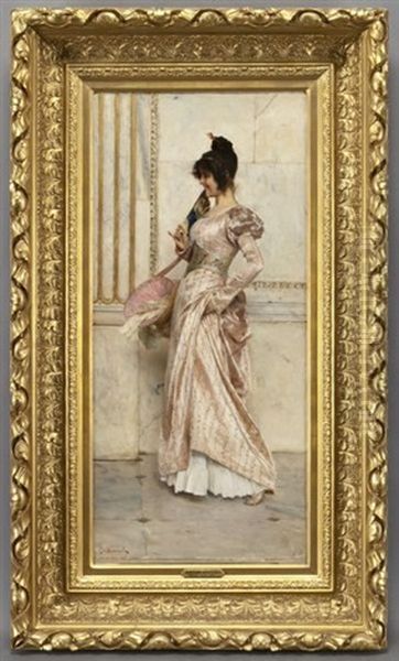 Fashionably Dressed Lady In A Classical Interior Oil Painting by Giovanni Muzzioli