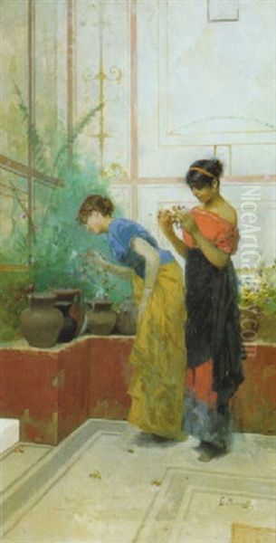 Due Ragazze In Una Villa Pompeiana Oil Painting by Giovanni Muzzioli