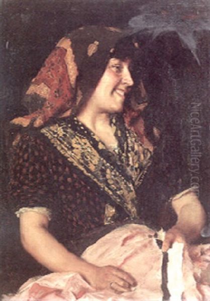 A Gypsy Woman Sewing In An Interior Oil Painting by Giovanni Muzzioli