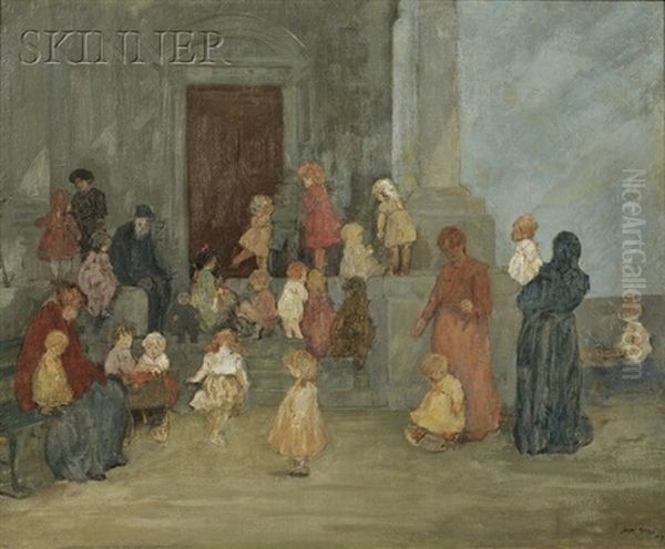 Figures Gathered Beside Church Steps Oil Painting by Jerome Myers