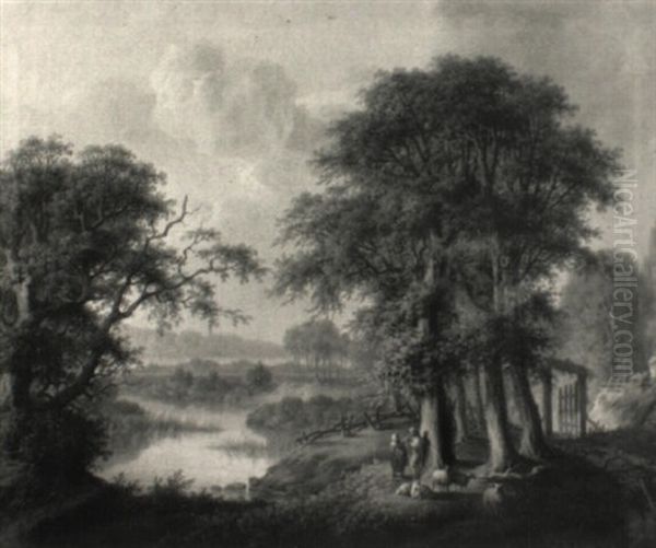 A Wooded River Landscape With A Shepherd Piping At The Foot Of A Tree Oil Painting by Samuel Mygind