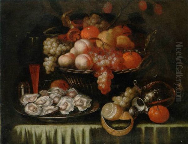 Peaches, Grapes, Pears And Oranges In A Wicker Basket With A Salver Of Oysters, A Peeled Lemon, A Silver Gilt Ewer And A Wine Glass Oil Painting by Andreas van der Myn