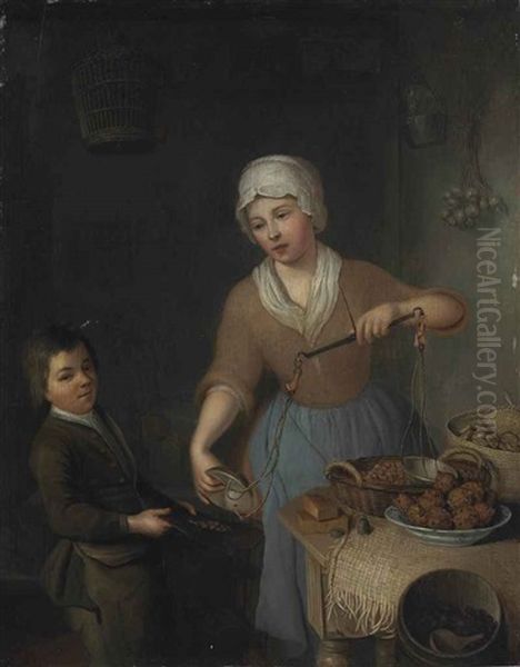 A Maid And A Boy Weighing Hazelnuts Oil Painting by Frans Van Der Myn