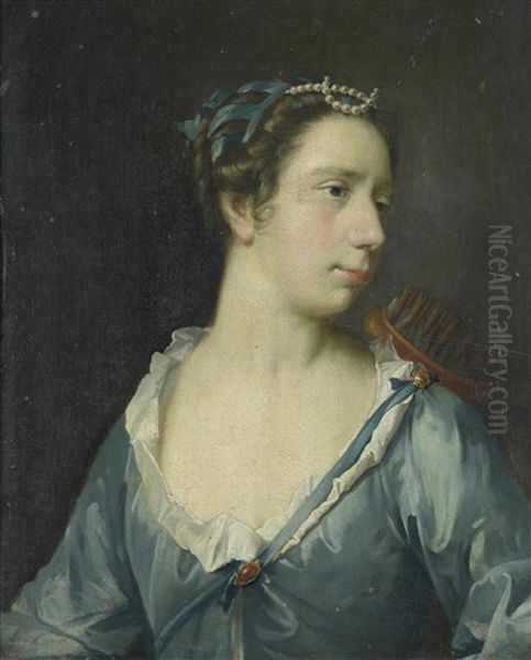 Portrait Of A Lady As Diana, In A Blue Silk Dress Oil Painting by Frans Van Der Myn