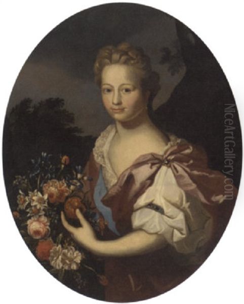 Portrait Of A Lady In A Burgundy Dress, Holding Flowers, In A Landscape Oil Painting by Frans Van Der Myn