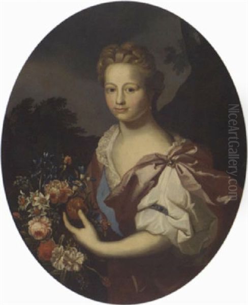 Portrait Of A Lady In A Burgundy Dress, Holding Flowers, In A Landscape Oil Painting by Frans Van Der Myn