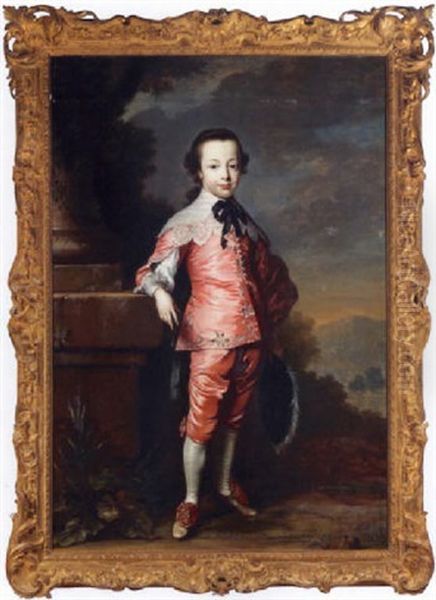 Portrait Of John Smyth, When A Boy, Wearing Van Dyck Costume, His Right Arm Resting On A Plinth Oil Painting by Frans Van Der Myn