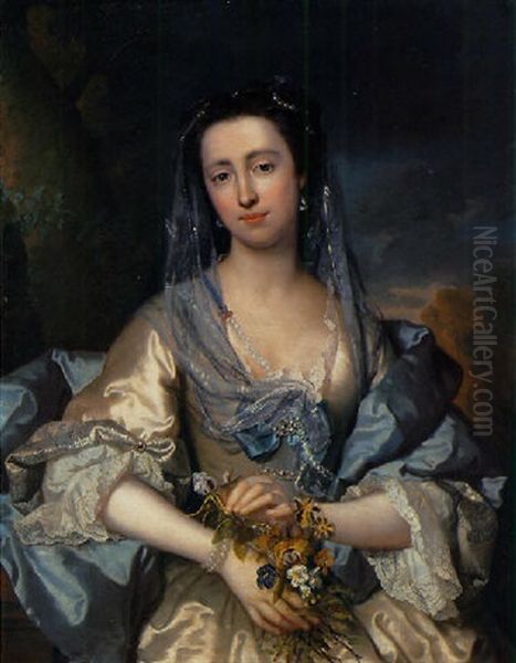 Portrait Of A Lady In An Oyster-grey And Blue Satin Dress, A Bouquet Of Flowers In Her Hands Oil Painting by Frans Van Der Myn