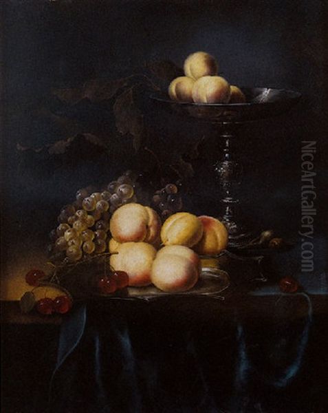 Plat De Peches, Cerises Et Raisins Voisinant Sur Un Entablement Avec Une Coupe De Peches by Frans Van Der Myn