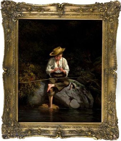 Scene Of A Boy In A Straw Hat Sitting On A Rock Oil Painting by George Caleb Bingham