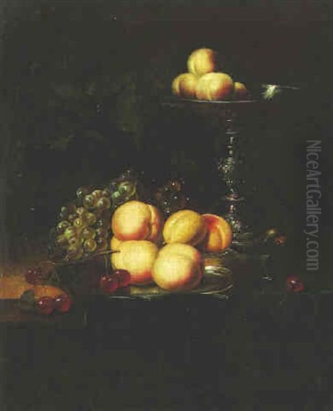 Fruit And Nuts In Dishes On A Draped Table Oil Painting by Frans Van Der Myn