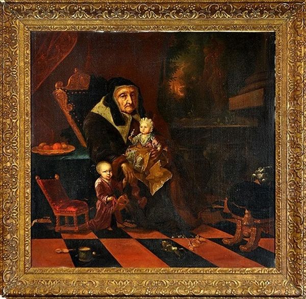 An Old Woman With Two Children In An Interior Oil Painting by Herman van der Myn