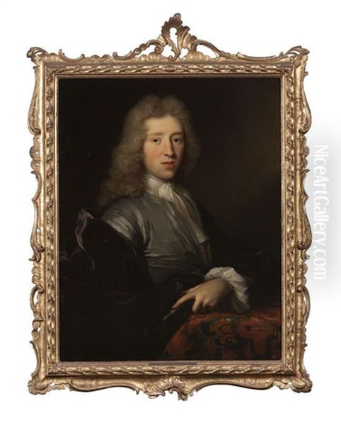 Portrait D'un Jeune Homme De Qualite, De Trois-quarts, Portant Un Manteau De Velours Violet Et Dont La Main Gauche Repose Sur Un Entablement Couvert D'un Lotto Oil Painting by Herman van der Myn