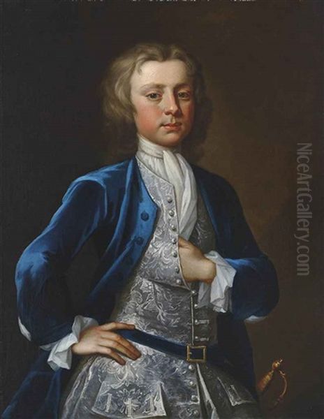 Portrait Of A Young Gentleman, Three-quarter-length, In A Blue Coat And Embroidered Waistcoat Oil Painting by Herman van der Myn