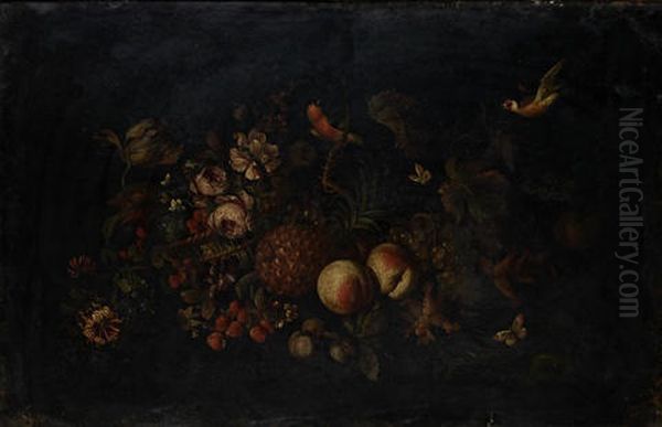 A Pineapple, Peaches And Grapes With A Basket Of Flowers With Butterflies And Birds Oil Painting by Herman van der Myn