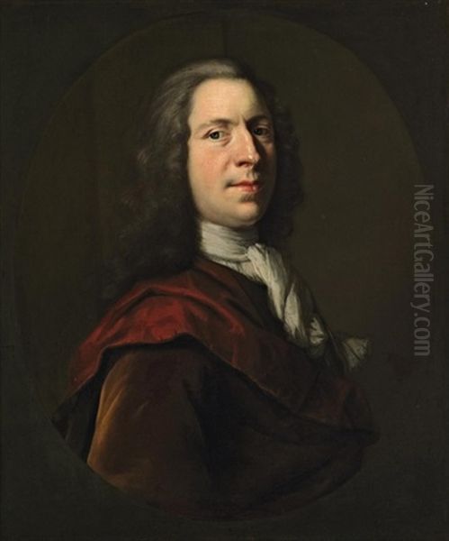 Portrait Of The Artist In White Stock And A Red Coat Oil Painting by Herman van der Myn