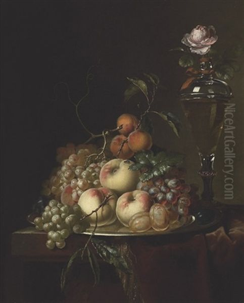 Grapes, Peaches, Plums, Apricots And A Rose In A Glass Vase On A Draped Table Oil Painting by Herman van der Myn