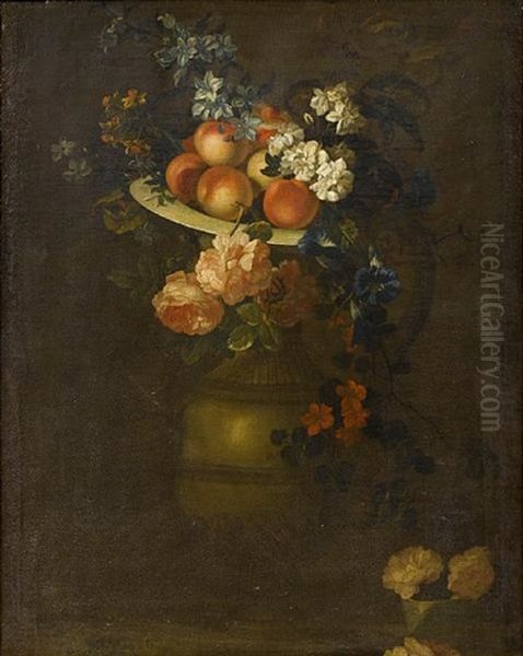 A Dish Of Peaches On A Stone Urn Oil Painting by Herman van der Myn