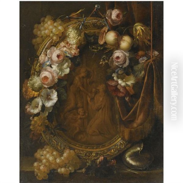 Still Life With A Garland Of Fruit And Flowers Adorning A Bronze Relief Of The Agony In The Garden Oil Painting by Herman van der Myn