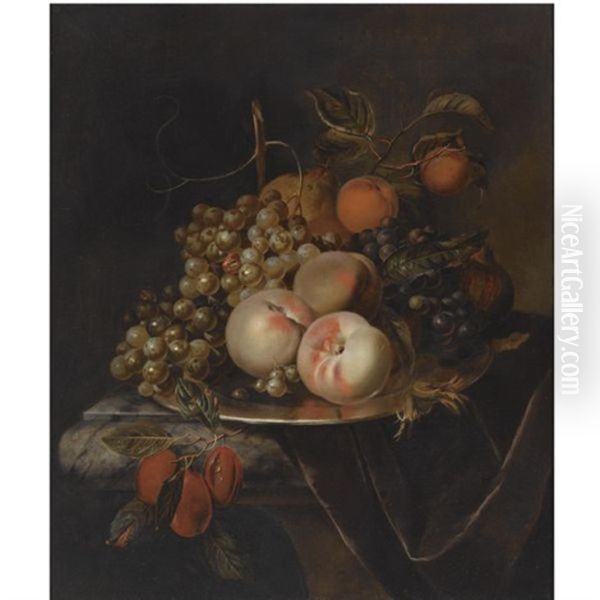 A Still Life Of Blue And White Grapes, Peaches, Plums, A Pear And A Pomegranate, All On A Pewter Platter, On A Marble Draped Ledge Oil Painting by Herman van der Myn