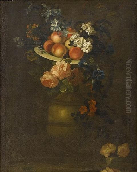 A Dish Of Peaches On A Stone Urn Oil Painting by Herman van der Myn