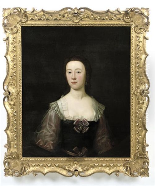 Portrait Of A Lady (dorothy, Wife Of The Hon. John Smith-barry?) In A Black Dress With Pink Gauze Sleeves Oil Painting by Herman van der Myn