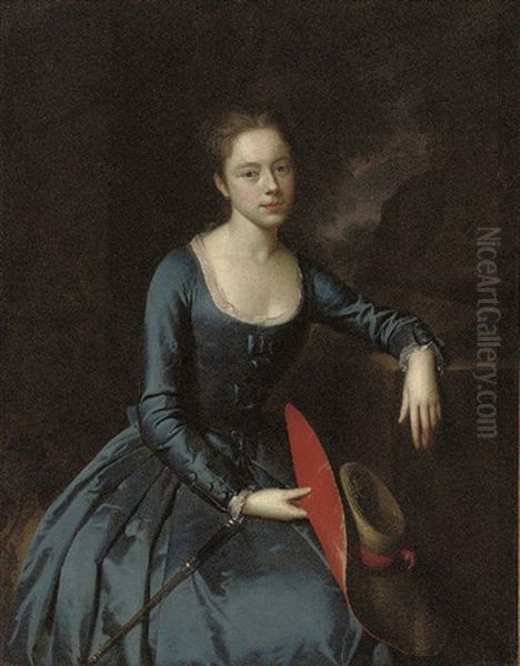 Portrait Of A Lady In A Blue Satin Riding Habit, Holding A Straw Bonnet With Red Silk Trim In Her Right Hand, With A Riding Crop In Her Lap Oil Painting by Herman van der Myn