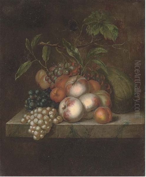 Peaches, Grapes, Plums And A Melon On A Marble Ledge Oil Painting by Herman van der Myn