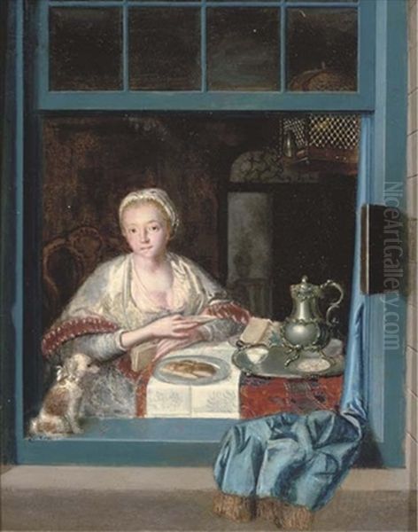 A Lady Sitting At A Table With A Dog At An Open Window Oil Painting by Herman van der Myn