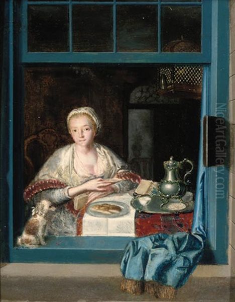 A Lady Sitting At A Table With A Dog At An Open Window Oil Painting by Herman van der Myn